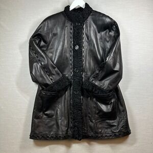 Chosen Couture Leather Coat Womans M 90s Y2K Goth Grunge Shaggy Fur Mob Wife